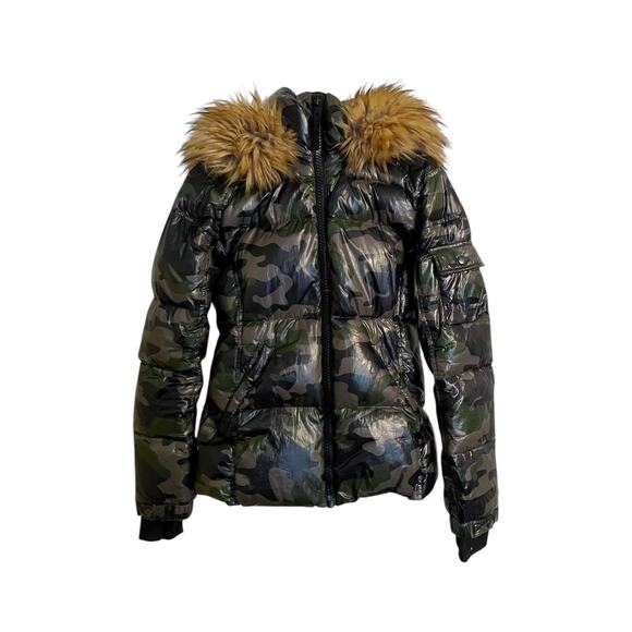 S13 New York Kylie Green Brown Camo Down Puffer Jacket Faux Fur Hood Size Small - Picture 1 of 8